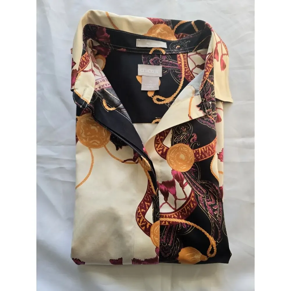 Chico's no iron button-up blouse geometric print 100% Cotton US 4/6 - Picture 4 of 7